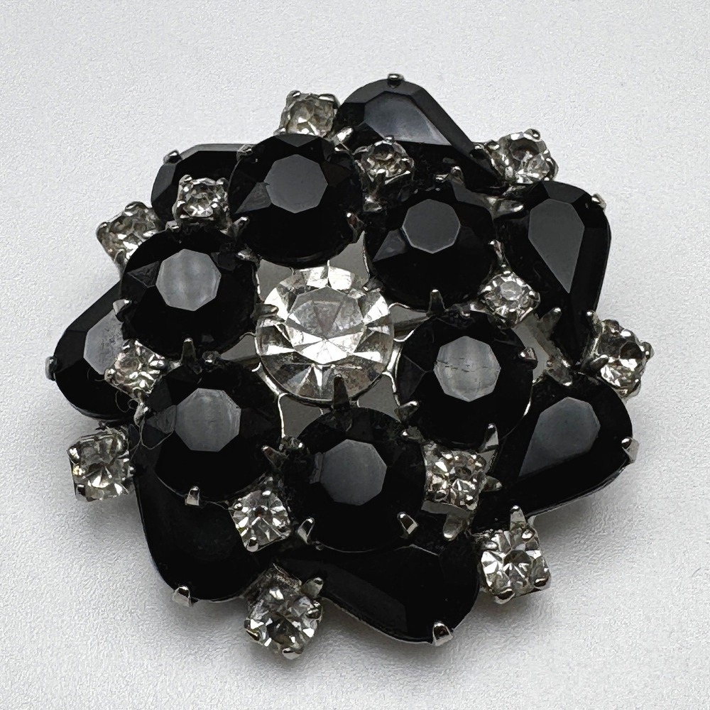 Signed Weiss Black Rhinestone Brooch Crystal Vintage Silver Tone Pin Whimsigoth